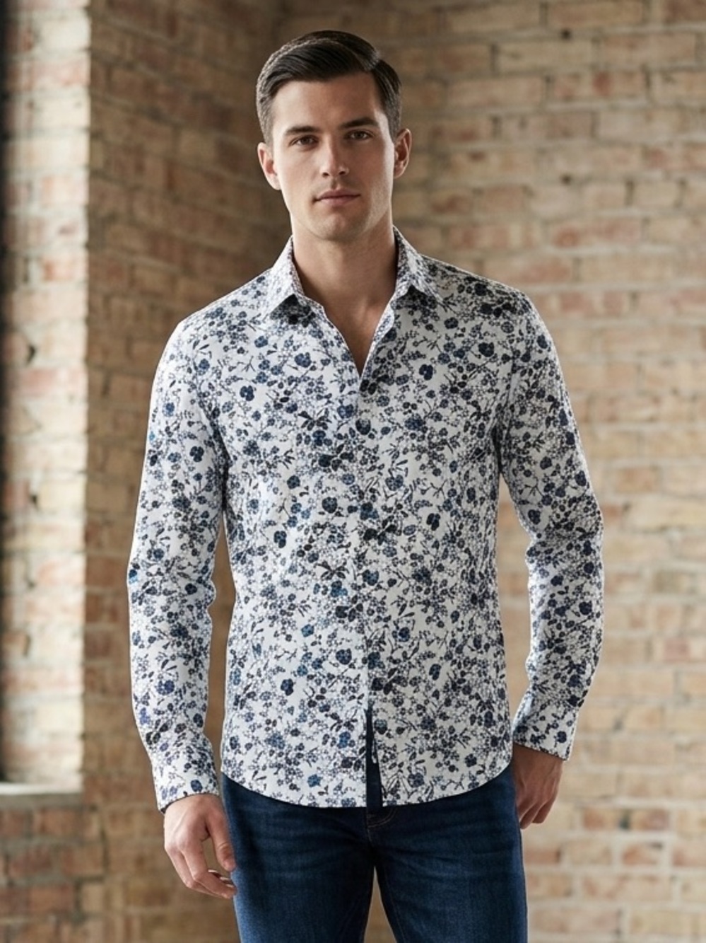 Perry Ellis Slim Fit White Button-Up Shirt with Blue & Black Floral Print Large